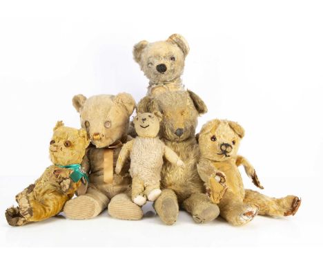Six British teddy bears to restore,  Including two Invicta, two Chad Valley and others-- 16 1/2in. (42cm.) high (all with wea