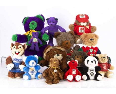 Twelve sporting teddy bears,  including Bjorn, a The Wimbledon Championships, purple and green synthetic unjointed bear, with