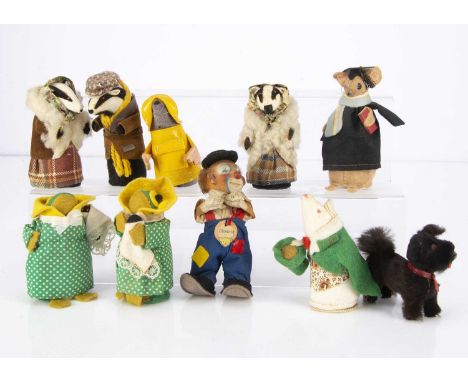 A collection of vintage soft toy animals, including three badgers, two mice a mole, a Steiff Clownie with card tag-- 5 3/4in.