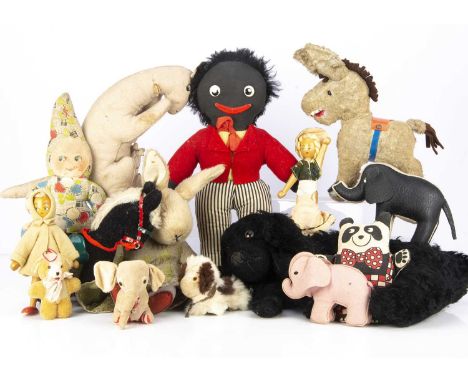 A quantity of soft toys and teddy bears, including a Pedigree Golly-- 16in. (40.5cm.) high; a felt Kanga style rabbit with ba