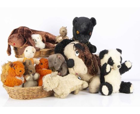 A selection of soft toy animals,  including a 1940's Chad Valley Polar Bear, with white  wool plush, orange and black plastic