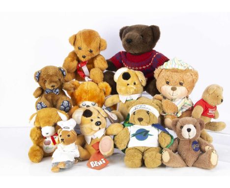 A large selection of advertising and promotional teddy bears,  including a Ralph Lauren 2000 bear in a red jumper-- 15 1/2in.