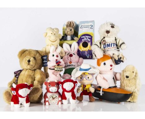 A large selection of promotional and advertising teddy bears, including three Duracell Bunnies, one in a boat-- 14in.(35.5cm.