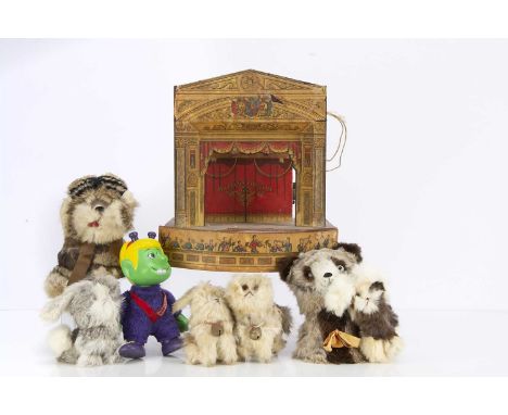 Fur animals and Pollock Theatre, two nodding fur animals —7 1/2in. (19cm.) high (one missing eye); four other fur animals, pr