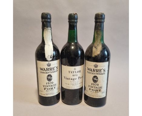 3 Bottles 1970 Vintage Port inc 2 Warre's Tercentenary 1970 & 1 Taylors 1970 (Please note nick to seal/cork. No sign of seepa
