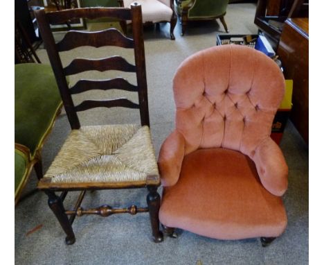 A Victorian Mahogany Low Seat Chair, with a button upholstered back above a stuff-over seat, raised upon turned legs, togethe