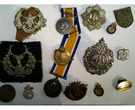 Two WW1 War Medals, RAF and Liverpool Rgt., a Victory Medal, Hants Yeo., a WW2 Railway S. Service Badge L.N.E.R. and other it