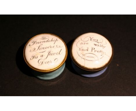 An Early 19th Century Battersea Enamel Pill Box, together with another similar, each bearing script
