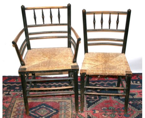 In the style of William Morris, a Stick Back Armchair with rush seat raised upon turned legs, together with a matching side c