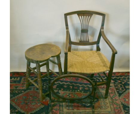 A 19th Century Mahogany Armchair with rush seat, together with an elm stool and oval swing frame toilet mirror