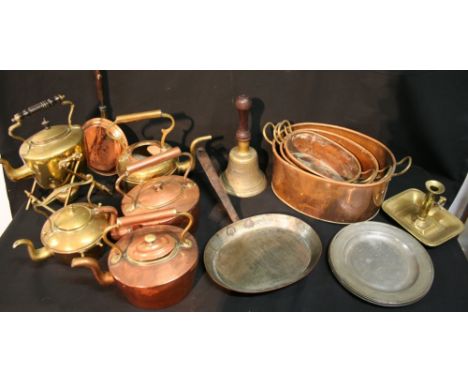 A Graduated Set of Three Copper Pans, together with an early copper saucepan and other items of metal ware to include a large