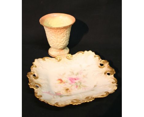 A Royal Worcester Blush Ivory Vase, decorated in relief with scrolls, together with a Royal Worcester porcelain dish hand pai