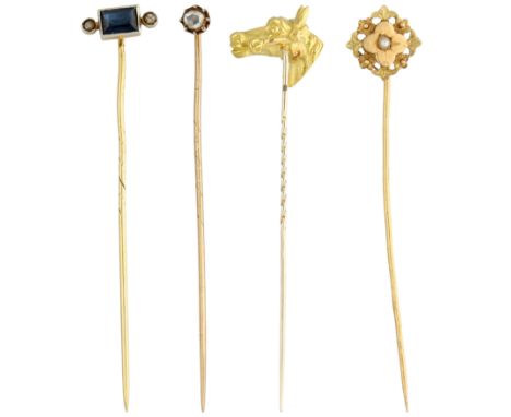 Set of 14K and 18K yellow gold tie/ lapel pins set with diamonds, synthetic sapphire and a cultivated pearl Set with 3 diamon