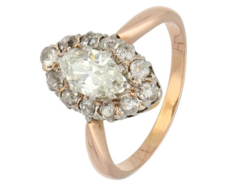 18K rose gold ring set with approx. 1.06 ct. diamond Set with a marquise cut diamond of approx. 0.70 ct. and 12 old mine cut 