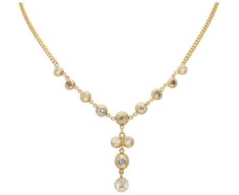14K yellow gold necklace set with old cut diamonds Set with 13 different old cut diamonds set in closed settings (including 1