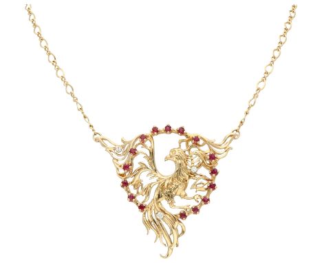 Franklin Mint Fabergé 14K yellow gold ‘Phoenix’ necklace set with diamond and ruby Set with 16 round faceted rubies totalling