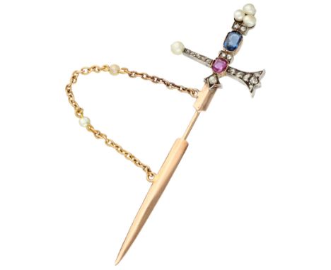 14K gold Victorian tie/ lapel pin with Sapphire, ruby, diamond and seed pearls Victorian warhammer pin set with a sapphire (a
