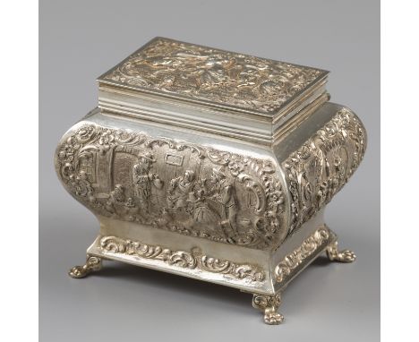 Tea caddy, Zaanlandsche Zilversmederij, Haarlem 1930, silver. Beautiful tea caddy with rich typical Dutch decorations. Nether