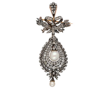 Gold/silver Victorian brooch/pendant with diamond and pearl Multifunctional brooch/pendant executed in a Victorian style with