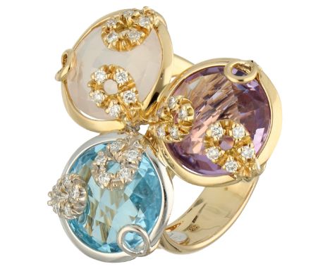 18K yellow gold ring set with approx. 0.30 ct. diamond, synthetic quartz, amethyst and  sapphire Set with 30 brilliant-cut di
