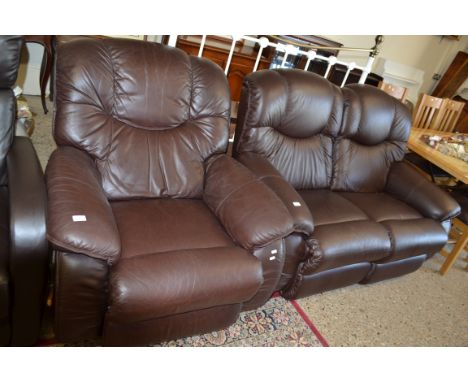 MODERN BROWN LEATHER TWO SEATER RECLINER SOFA, 165CM WIDE TOGETHER WITH AN ACCOMPANYING ARMCHAIR