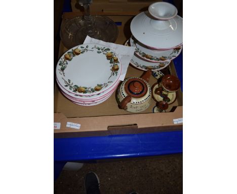 MIXED LOT: DEVON WARE TEA POT AND CANDLESTICKS TOGETHER WITH A QTY OF BROWN WESTHEAD &amp; MOORE FLORAL DECORATED DINNER WARE