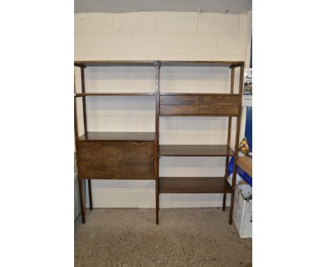 RETRO DARK STAINED ROOM DIVIDER SHELF UNIT WITH INTEGRAL DRINKS CABINET AND DRAWERS