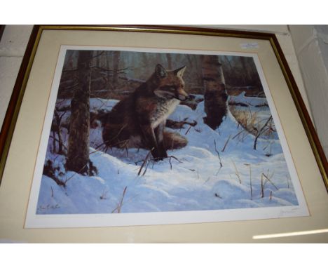 JOHN TRICKETT, COLOURED PRINT, FOX IN SNOW, LTD ED 464/850, SIGNED IN PENCIL LOWER RIGHT, FRAMED AND GLAZED