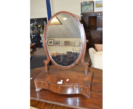 19TH CENTURY MAHOGANY DRESSING TABLE MIRROR WITH OVAL MIRROR PLATE OVER A SERPENTINE BASE WITH THREE DRAWERS, 86CM HIGH 