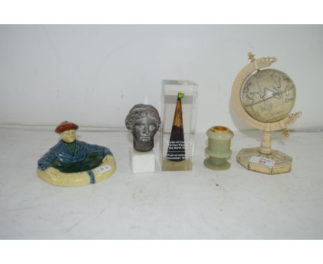 MIXED LOT: COMPOSITION MINIATURE GLOBE, A BP PAPERWEIGHT FILLED WITH CRUDE OIL, A REPRODUCTION MINIATURE ROMAN BUST HEAD AND 