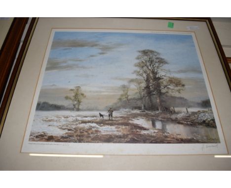 JOHN TRICKETT, COLOURED PRINT, WINTER SHOOTING SCENE, LTD ED 635/850, SIGNED IN PENCIL LOWER RIGHT, IMAGE SIZE 47 X 38CM, FRA