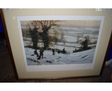 JOHN TRICKETT, COLOURED PRINT, WINTER SHOOTING SCENE, IMAGE SIZE 50 X 34CM, SIGNED IN PENCIL LOWER RIGHT, FRAMED AND GLAZED