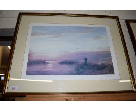 JOHN TRICKETT, COLOURED PRINT, WILDFOWLING SCENE, LTD ED 678/850, SIGNED IN PENCIL LOWER RIGHT, IMAGE SIZE 45 X 30CM, FRAMED 