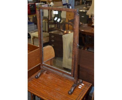 19TH CENTURY MAHOGANY FRAMED RECTANGULAR DRESSING TABLE MIRROR ON SHAPED LEGS, 66CM HIGH 