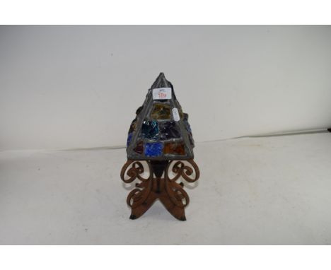 UNUSUAL IRON BASED TABLE LAMP WITH COLOURED GLASS SHADE