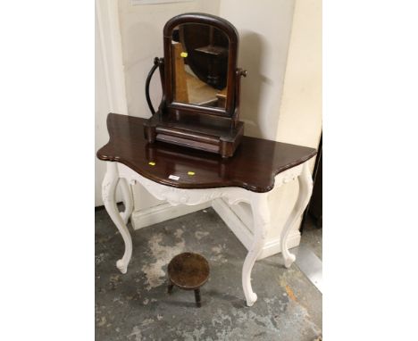 A MODERN PAINTED CONSOLE TABLE TOGETHER WITH A DRESSING MIRROR AND A SMALL STOOL  (3)