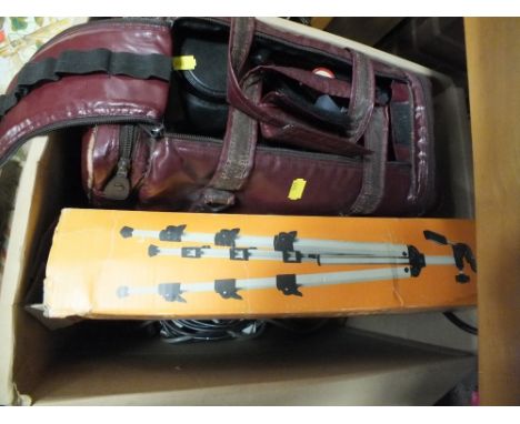 A LARGE BOX OF CAMERA ACCESSORIES AND PROJECTION EQUIPMENT ETC.