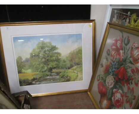 A LARGE SIGNED LTD EDITION PRINT BY JOHN GOODWIN 145/850 AND A FRAMED NEEDLEWORK
