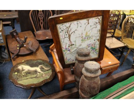 A TELEPHONE TABLE TOGETHER WITH A  FIRESCREEN AND A HORSE OCCASIONAL TABLE (3)