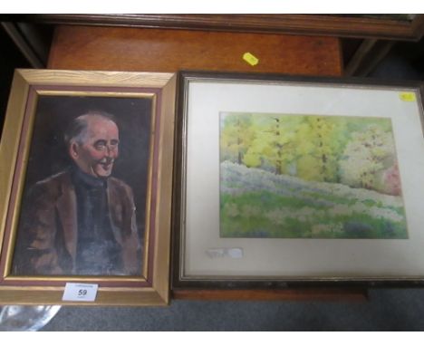 A VINTAGE PORTRAIT OF A GENTLEMAN TOGETHER WITH A V. I. HULL WATERCOLOUR (1953)