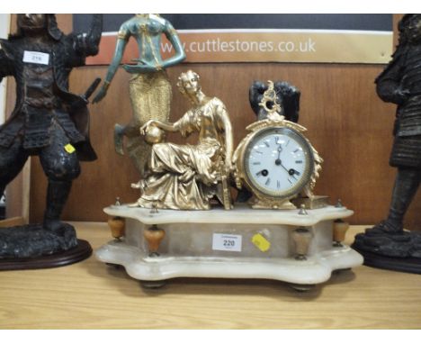 AN ALABASTER AND GILT FIGURATIVE MANTLE CLOCK STRIKING ON A BELL