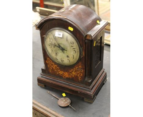 A 19TH CENTURY ROSEWOOD MANTLE CLOCK WITH INLAID DECORATION A/F