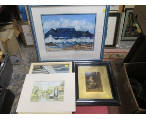 A VINTAGE MIRROR, WATERCOLOURS AND A PEARS PRINT (4)