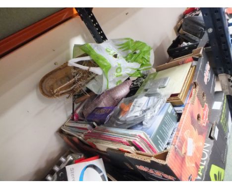 TWO TRAYS OF SUNDRIES TO INCLUDE ORDNANCE SURVEY MAPS, MODEL SHIP A/F ETC