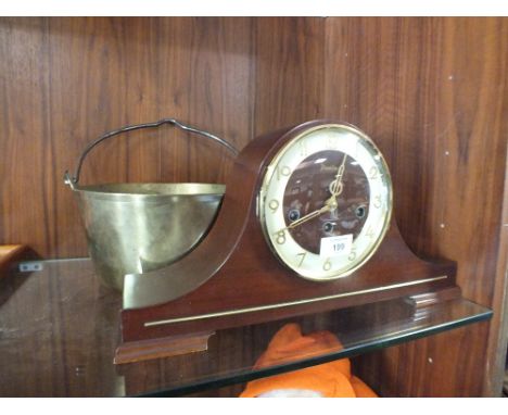 A BRASS JAM PAN TOGETHER WITH A PRESIDENT MANTLE CLOCK
