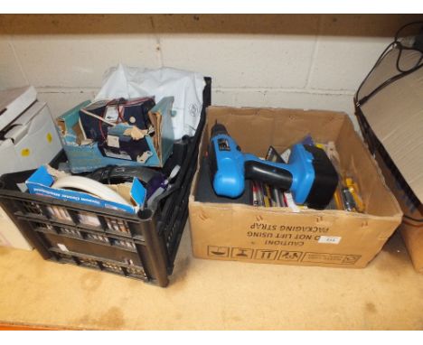 TWO TRAYS OF VARIOUS TOOLS PARTS ETC TO INCLUDE A POWERBASE DRILL