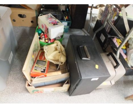 A CASE OF LP RECORDS TOGETHER WITH A PROJECTOR AND A SLECTION OF VINTAGE ITEMS INCLUDING CHRISTMAS DECORATIONS, TELEPHONE ETC