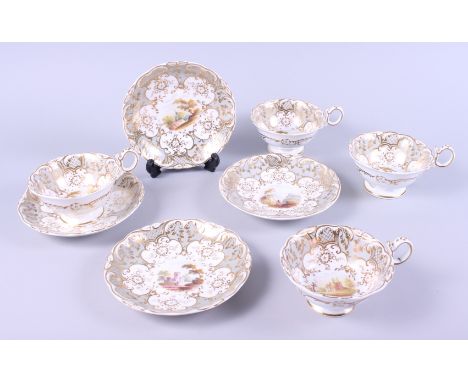 Four 19th century white, grey and gilt decorated cups and saucers, with hand-painted rural scenes to centre