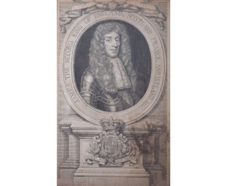 A pair of black and white engravings of James II, 14" x 9", a picture of Charles II and a sepia print after Old Masters