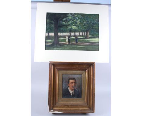 An oil on board, portrait of a gentleman with a moustache, 8" x 6 1/2", in gilt frame, and two unframed pastels, park with fi